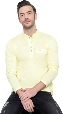 JB Jangoboy Solid Men Mandarin Collar Yellow T-Shirt