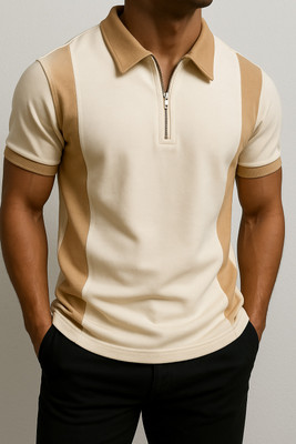 Try This Colorblock Men Zip Neck White T-Shirt