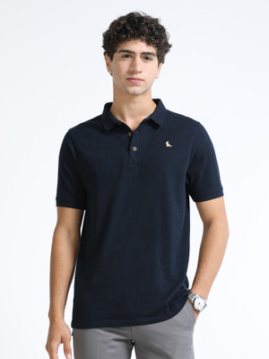 estuna Solid Men Polo Neck Navy Blue T-Shirt