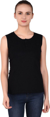 GEUM Solid Women Henley Neck Black T-Shirt