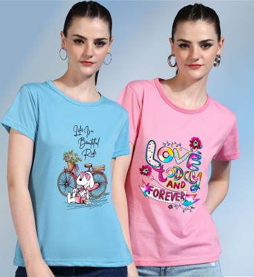 CHOZI Printed Women Round Neck Light Blue, Pink T-Shirt