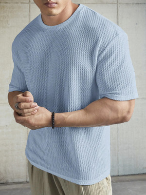 ABC Self Design Men Round Neck Light Blue T-Shirt