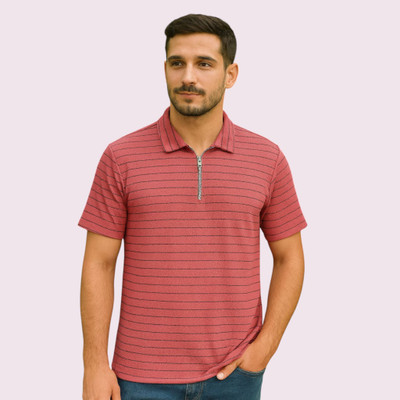 METRONAUT Striped Men Zip Neck Pink T-Shirt