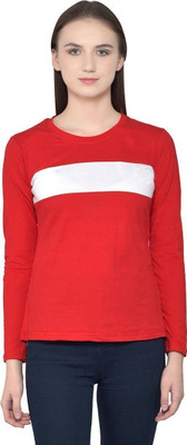 Lawful Casual Solid Women Round Neck Red, White T-Shirt