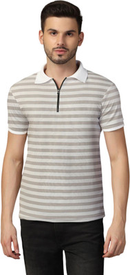 tfurnish Striped Men Polo Neck Grey T-Shirt