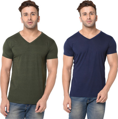 Adorbs Trend Solid Men V Neck Dark Blue, Dark Green T-Shirt