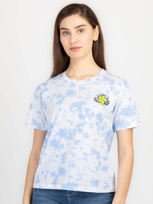 Status Quo Printed, Tie & Dye Women Round Neck Blue T-Shirt