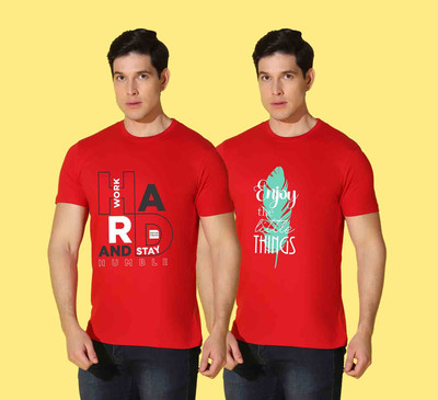 WOOSTRO Printed Men Round Neck Red T-Shirt