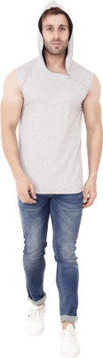 GEUM Solid Men Hooded Neck Grey T-Shirt
