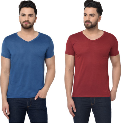 Tresna Trending Solid Men V Neck Dark Blue, Maroon T-Shirt