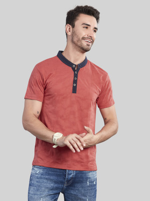 BE POSITIVE Self Design Men Mandarin Collar Orange T-Shirt
