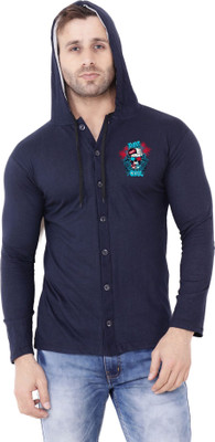 BEYOU FASHION Graphic Print Men Hooded Neck Dark Blue T-Shirt