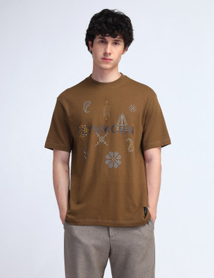 FLYING MACHINE Abstract Men Round Neck Brown T-Shirt