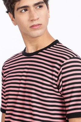 PEELY Striped Men Round Neck Black, Pink T-Shirt
