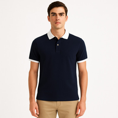 THE TAILORHOOD Printed Men Polo Neck Navy Blue T-Shirt