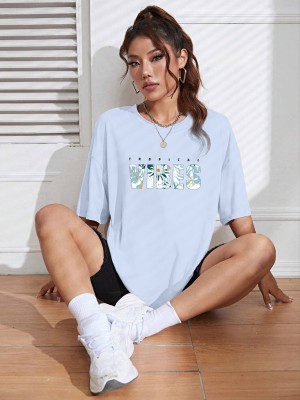 Togs & Terre Typography Women Round Neck Light Blue T-Shirt