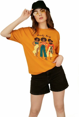 PUBCLUB Printed Women Round Neck Gold T-Shirt