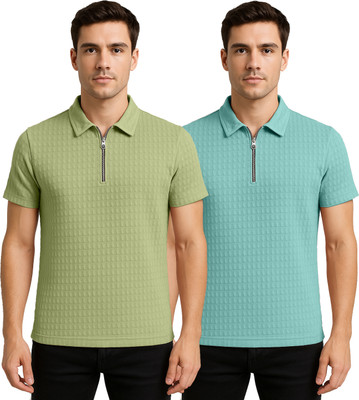 KEOTI Self Design Men Zip Neck Light Green, Light Blue T-Shirt