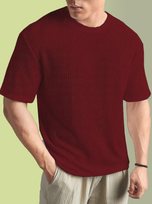 KICKBUDS Self Design Men Round Neck Maroon T-Shirt
