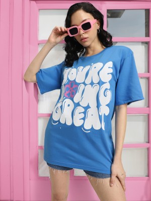 JUNEBERRY Printed, Typography Women Round Neck Blue T-Shirt