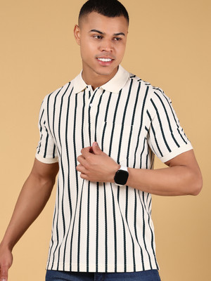 V-MART Striped Men Polo Neck White T-Shirt
