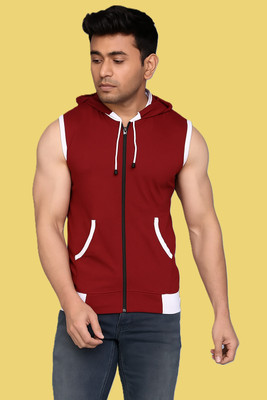 VASTRAART Solid Men Hooded Neck Maroon, White T-Shirt