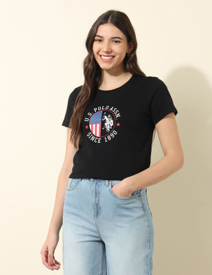U.S. POLO ASSN. Printed Women Crew Neck Black T-Shirt
