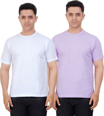 chenchu Solid Men Round Neck White, Purple T-Shirt