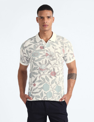 FLYING MACHINE Printed Men Polo Neck White T-Shirt