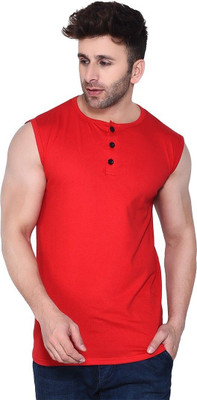 GEUM Solid Men Henley Neck Red T-Shirt