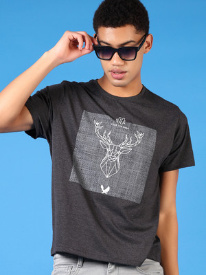 V-MART Printed Men Round Neck Grey T-Shirt