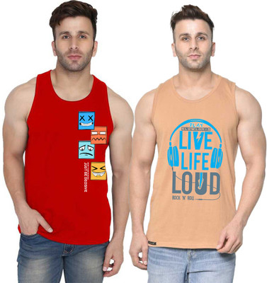 SLOWLORIS Printed Men Scoop Neck Beige, Red T-Shirt