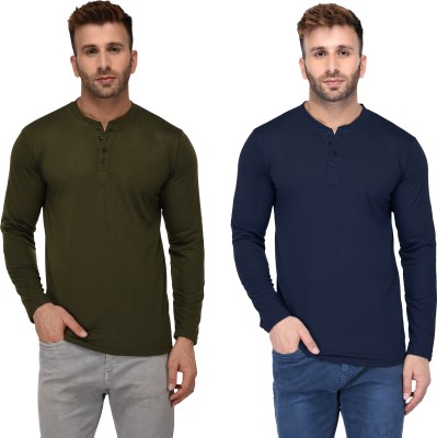 GAGCOBIA Solid Men Henley Neck Dark Green, Dark Blue T-Shirt