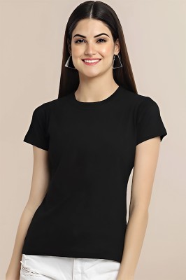 AATORE Solid Women Round Neck Black T-Shirt