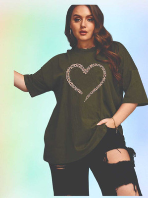 V-Mens Printed Women Round Neck Green T-Shirt