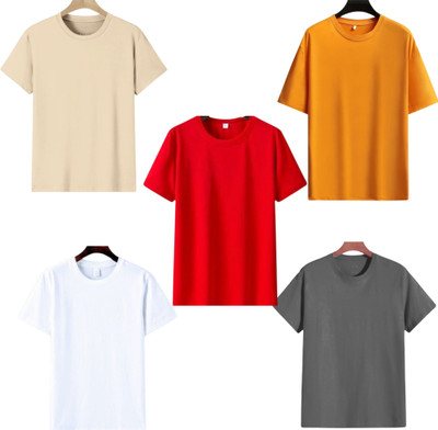 TTFE Solid Men Round Neck Beige, Red, White, Grey, Orange T-Shirt