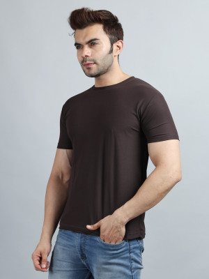PARA HILLS Solid Men Round Neck Brown T-Shirt