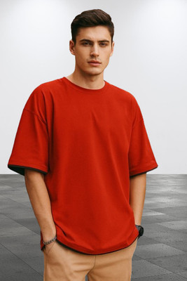 ZEBULUN Solid Men Round Neck Red T-Shirt