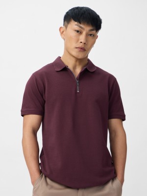 The Souled Store Solid Men Polo Neck Purple T-Shirt