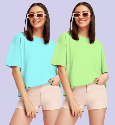Jack Paris Solid Women Round Neck Light Blue, Light Green T-Shirt