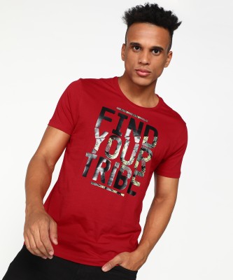 Spykar Typography Men Round Neck Red T-Shirt