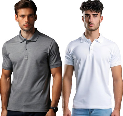 JEDFER Solid Men Polo Neck Grey, White T-Shirt
