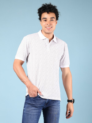 V-MART Printed Men Polo Neck White T-Shirt