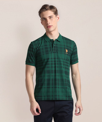 U.S. POLO ASSN. Checkered Men Polo Neck Green T-Shirt