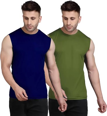 Renowned Solid Men Round Neck Dark Blue, Dark Green T-Shirt