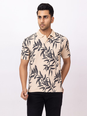 EMERALD Printed Men Polo Neck Beige T-Shirt