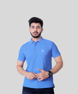 KASHIRA Solid Men Polo Neck Light Blue T-Shirt