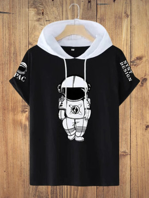 CT Fashion Printed Men Hooded Neck Black, White T-Shirt