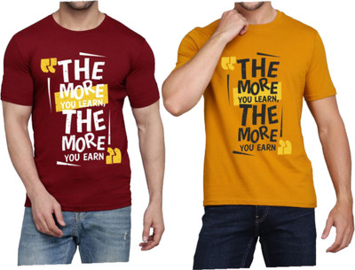 WOOSTRO Printed Men Round Neck Yellow, Maroon T-Shirt