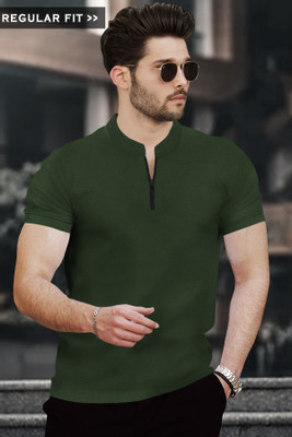 TRIPR Solid Men Mandarin Collar Green T-Shirt